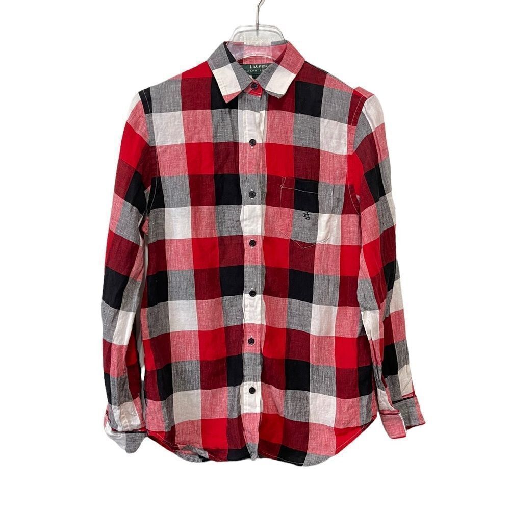 Ralph Lauren Linen Buffalo Plaid Button Down Shirt Womens Size Small